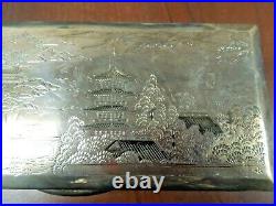 R137 Antique Sterling Silver 970 Trinket Box Etched Chinese Pagoda Signed
