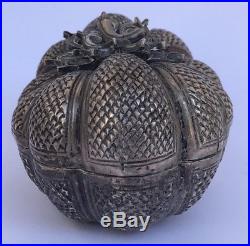 RARE 1800's ANTIQUE 3D ORNATE OLD CHINESE STERLING SILVER PUMPKIN GOURD BOX
