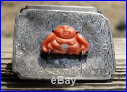 RARE! 19thC Hand CARVED CORAL CHINESE Pill STERLING SILVER Art Deco Engraved BOX