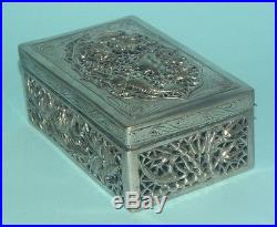 Rare Antique Chinese Canton Export Solid Silver Pierced Repousse Box Figural