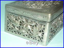 Rare Antique Chinese Canton Export Solid Silver Pierced Repousse Box Figural