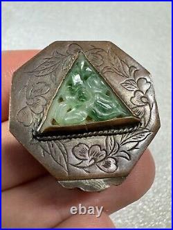 RARE Antique Chinese Brass or Copper Floral Engraved Box Carved Jade