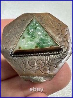 RARE Antique Chinese Brass or Copper Floral Engraved Box Carved Jade