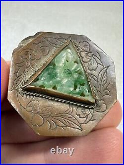 RARE Antique Chinese Brass or Copper Floral Engraved Box Carved Jade