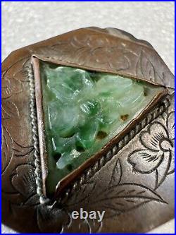 RARE Antique Chinese Brass or Copper Floral Engraved Box Carved Jade