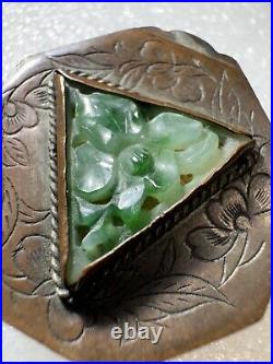 RARE Antique Chinese Brass or Copper Floral Engraved Box Carved Jade