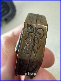 RARE Antique Chinese Brass or Copper Floral Engraved Box Carved Jade