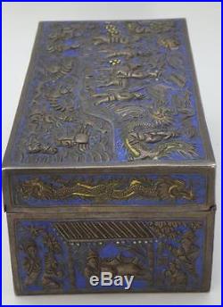 RARE Antique Chinese Cambodian SOLID Silver Embossed Enamel Box 521g c1800-1850