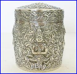 RARE Antique Chinese Hallmarked Solid Silver Pot Jar Box Nepalese Deities