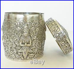 RARE Antique Chinese Hallmarked Solid Silver Pot Jar Box Nepalese Deities