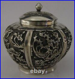 RARE CHINESE CHINA STRAITS EXPORT SOLID SILVER DRAGON TEA CADDY 1900 ANTIQUE 90g
