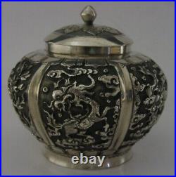 RARE CHINESE CHINA STRAITS EXPORT SOLID SILVER DRAGON TEA CADDY 1900 ANTIQUE 90g