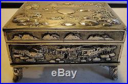 Rare Chinese Export Silver Jewelry Box Orig. Stand Repousse Decor + Key Snd 1860