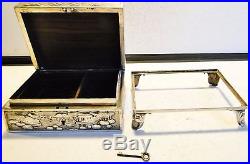 Rare Chinese Export Silver Jewelry Box Orig. Stand Repousse Decor + Key Snd 1860