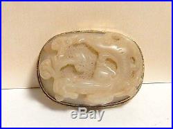 Rare Chinese Gilt Silver Cloisone Repousse Enamel White Pixiu Carved Jade Box