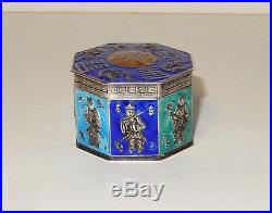 Rare Old Chinese Silver Cloisonne Repousse Enamel Bats Hexagon Opium Jar Box
