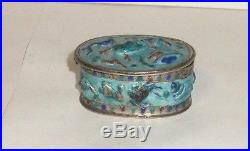 Rare Old Chinese Silver Cloisonne Repousse Enamel Mirror Frog, Fish Jar Box