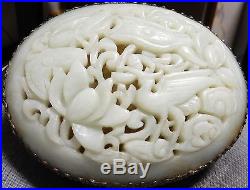 Rare Old Chinese Silver Gilt Intricate Pierce Carved Bird Celadon White Jade Box