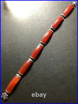 RARE Vintage Natural CHINESE RED JADE Sterling Silver Panel Link Bracelet 7.5