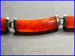 RARE Vintage Natural CHINESE RED JADE Sterling Silver Panel Link Bracelet 7.5