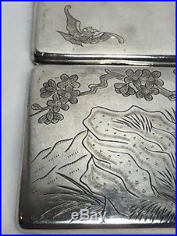Rare 19c Chinese Export Silver Money Case Box w Engraved Bats Horse Rider Child
