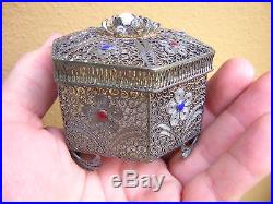 Rare Antique Chinese Enameled Sterling Silver Filigree Box W Pearl Top
