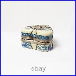 Rare Antique Chinese Porcelain and Silver Heart Shaped Trinket Box