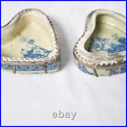 Rare Antique Chinese Porcelain and Silver Heart Shaped Trinket Box