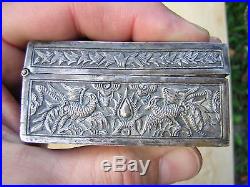 Rare Antique Chinese Signed Sterling Silver Box Dragons + Phoenix