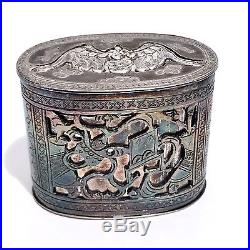 Rare Antique Chinese Silver 3 Part Opium Trinket Snuff Box Signed Bat Seal Top