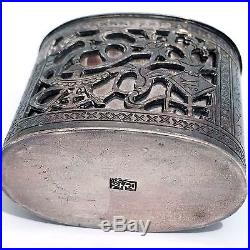 Rare Antique Chinese Silver 3 Part Opium Trinket Snuff Box Signed Bat Seal Top