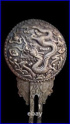 Rare Antique Chinese Silver & Jade Repousse Dragon Mirror with Original Box