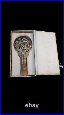 Rare Antique Chinese Silver & Jade Repousse Dragon Mirror with Original Box