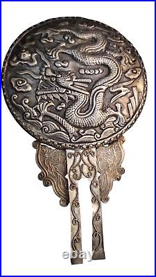 Rare Antique Chinese Silver & Jade Repousse Dragon Mirror with Original Box