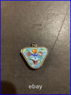 Rare Antique Chinese Sterling Silver Enamel Triangle Flower Trinket Box Pendant