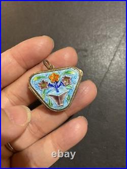 Rare Antique Chinese Sterling Silver Enamel Triangle Flower Trinket Box Pendant