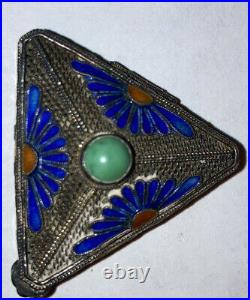 Rare Antique Chinese Sterling Silver Enamel Triangle Pill Trinket Box
