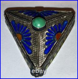 Rare Antique Chinese Sterling Silver Enamel Triangle Pill Trinket Box