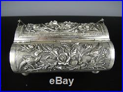 Rare Beautiful Chinese Solid Silver Jewelry Box With Bird&Fish. 19th C. Marked