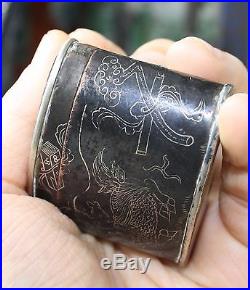 Rare CHINESE silver inlaid black bronze oval box 19/20 th c, signed