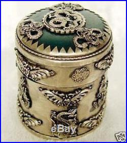 Rare China's old Tibet silver carving dragon & phoenix Cylindrical box