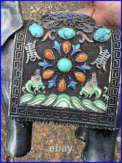 Rare Chinese Export Silver Filigree Enamel Turquoise Figure Box Elephant Gilt
