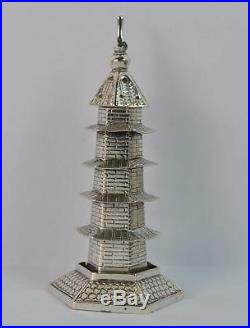 Rare Chinese Signed Silver Chinese Tower Shaped Cruet Pepperette or Snuff Box