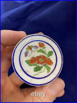 Rare Chinese Silver Enamel Incanse Box, Red Flowers And Butterfly