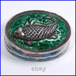 Rare Chinese Silver Enamel Koi Pill Box Trinket Box