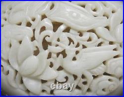 Rare Chinese Silver Metal Intricate Pierce Carved Bird Celadon White Jade Box