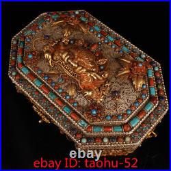 Rare Chinese antique Tibet temple old Tibetan Silver Inlaid gem gilt Jewelry box