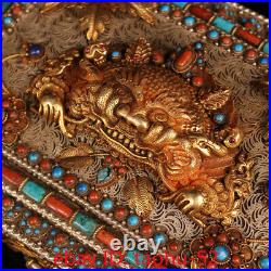 Rare Chinese antique Tibet temple old Tibetan Silver Inlaid gem gilt Jewelry box