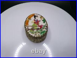 Rare Chinoiserie Hand Painted Porcelain & Silver Trinket Box -Interior Mirror