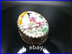 Rare Chinoiserie Hand Painted Porcelain & Silver Trinket Box -Interior Mirror